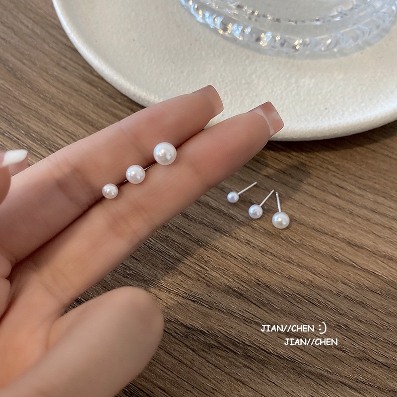 Set 6 khuyên tai bạc S925 đính ngọc trai giả đơn giản thời trang cho nữ 3/4/5mm