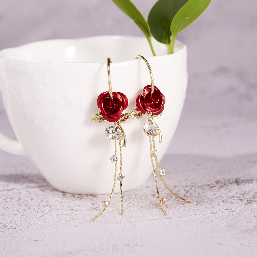 Bông tai RINHOO dáng dài hình hoa hồng đính đá phối tua rua thời trang cho nữ