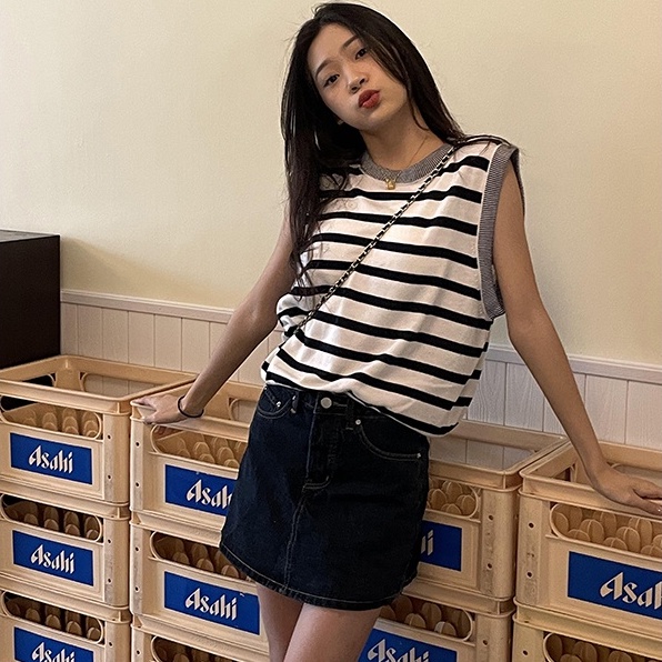 Áo thun ZHELIHANGFEI vải dệt kim không tay dáng rộng kẻ sọc ngang cá tính