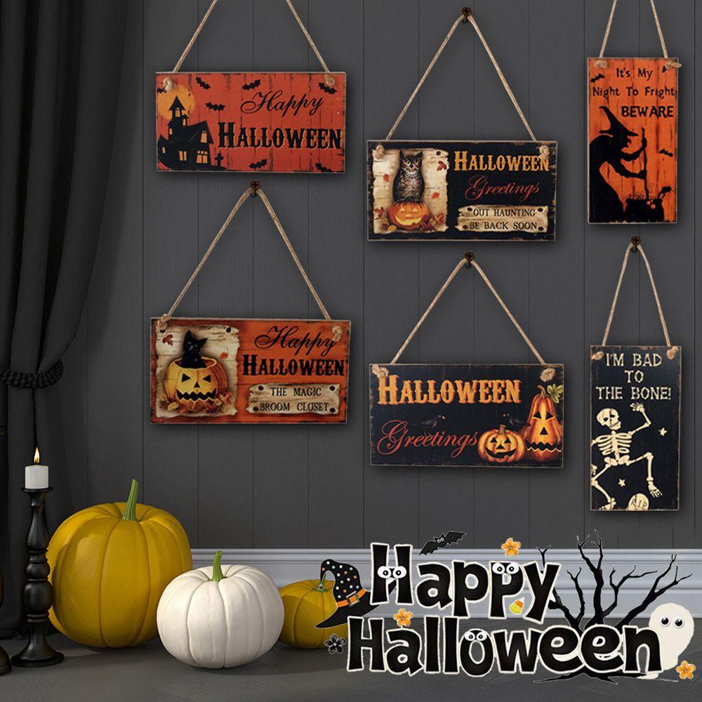 Bảng Gỗ Họa Tiết Đầu Lâu Và Bí Ngô Trang Trí Halloween