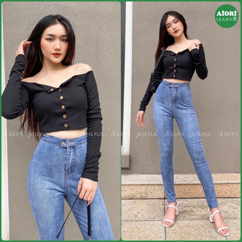 Quần Jeans Nữ AIORI dài lưng cao không túi 2 nút bấm 4 màu bò trơn skinny jeans ôm t