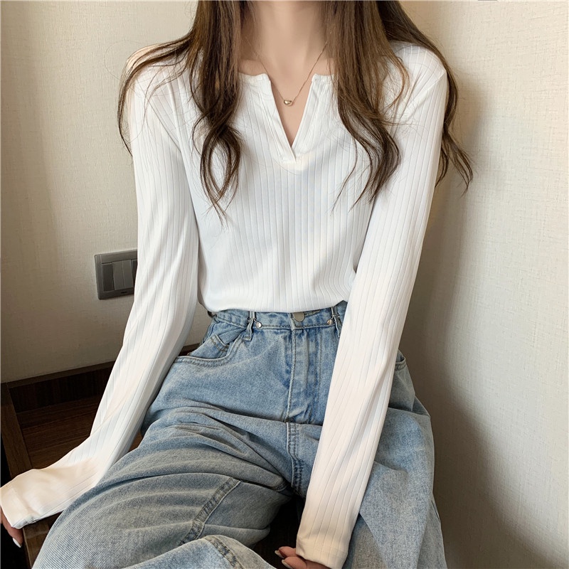 Áo SUXI tay dài cổ chữ V màu sắc đơn giản phong cách vintage