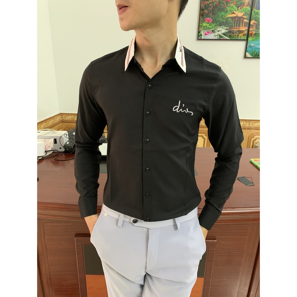 ÁO SƠ MI NAM CHẤT LỤA DÀI TAY PHONG CÁCH HỌA TIẾT LOGO THÊU