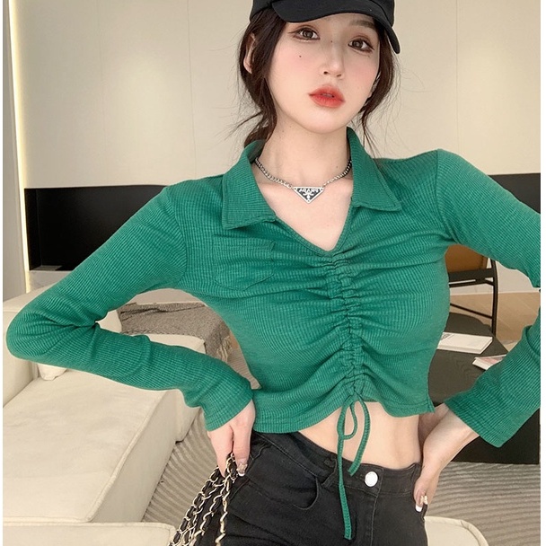 Áo croptop dài tay nữ, áo thun nữ dáng lửng rút dây ngực cổ bẻ đen trắng xanh phôm ôm body sexy hàn quốc Wikishop C1065