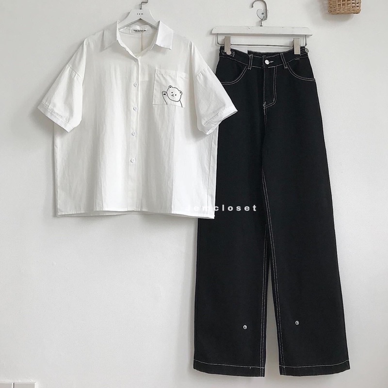 Áo sơ mi in gấu túi chất thô TT
