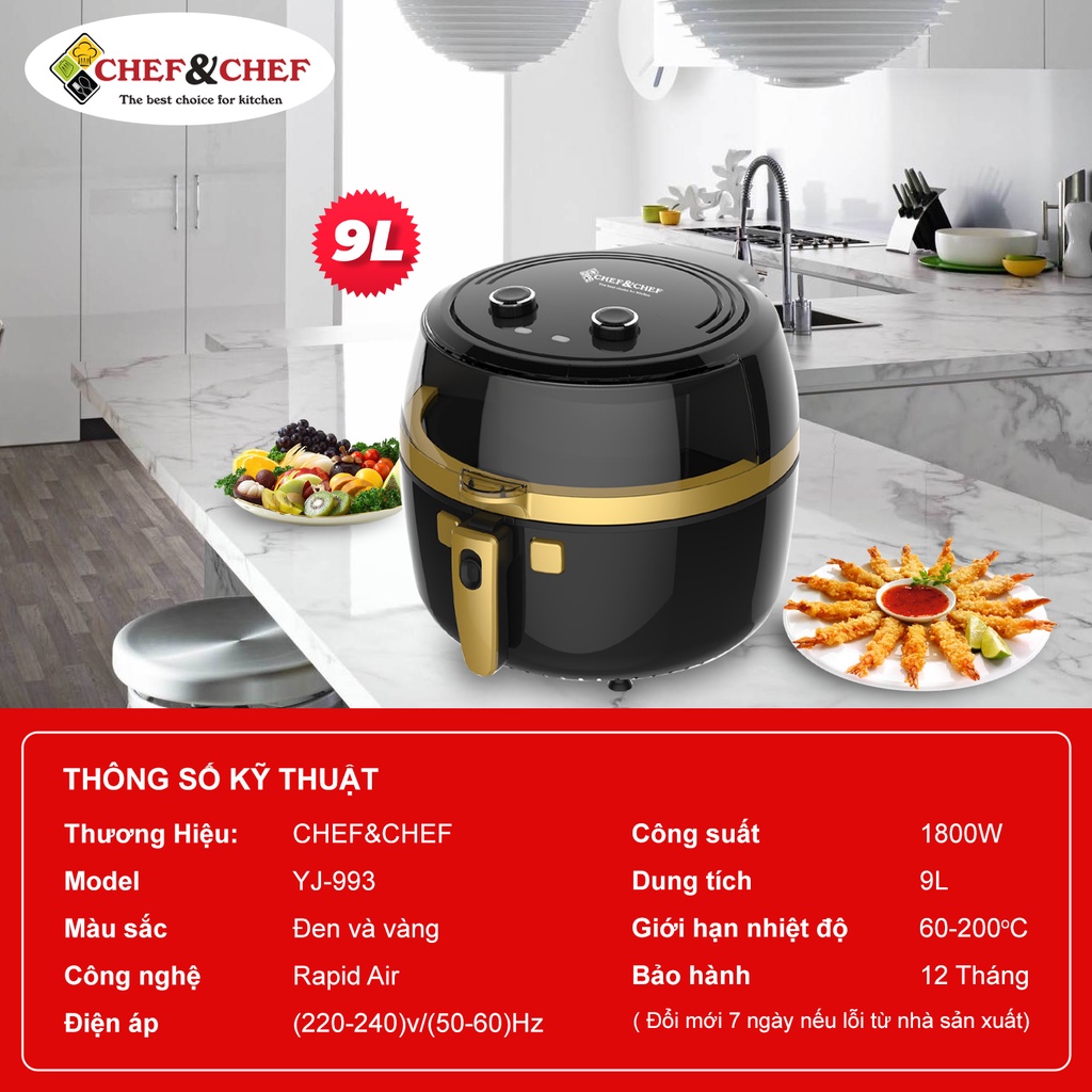 Nồi chiên không dầu CHEF&CHEF 9L (YJ- 993) thiết kế mặt kính cùng tay đảo mang kiểu dáng hiện đại, sang trọng.