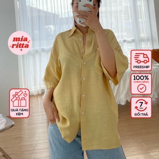 Áo sơ mi đũi trơn cộc tay oversize retro Mia Ritta A2055
