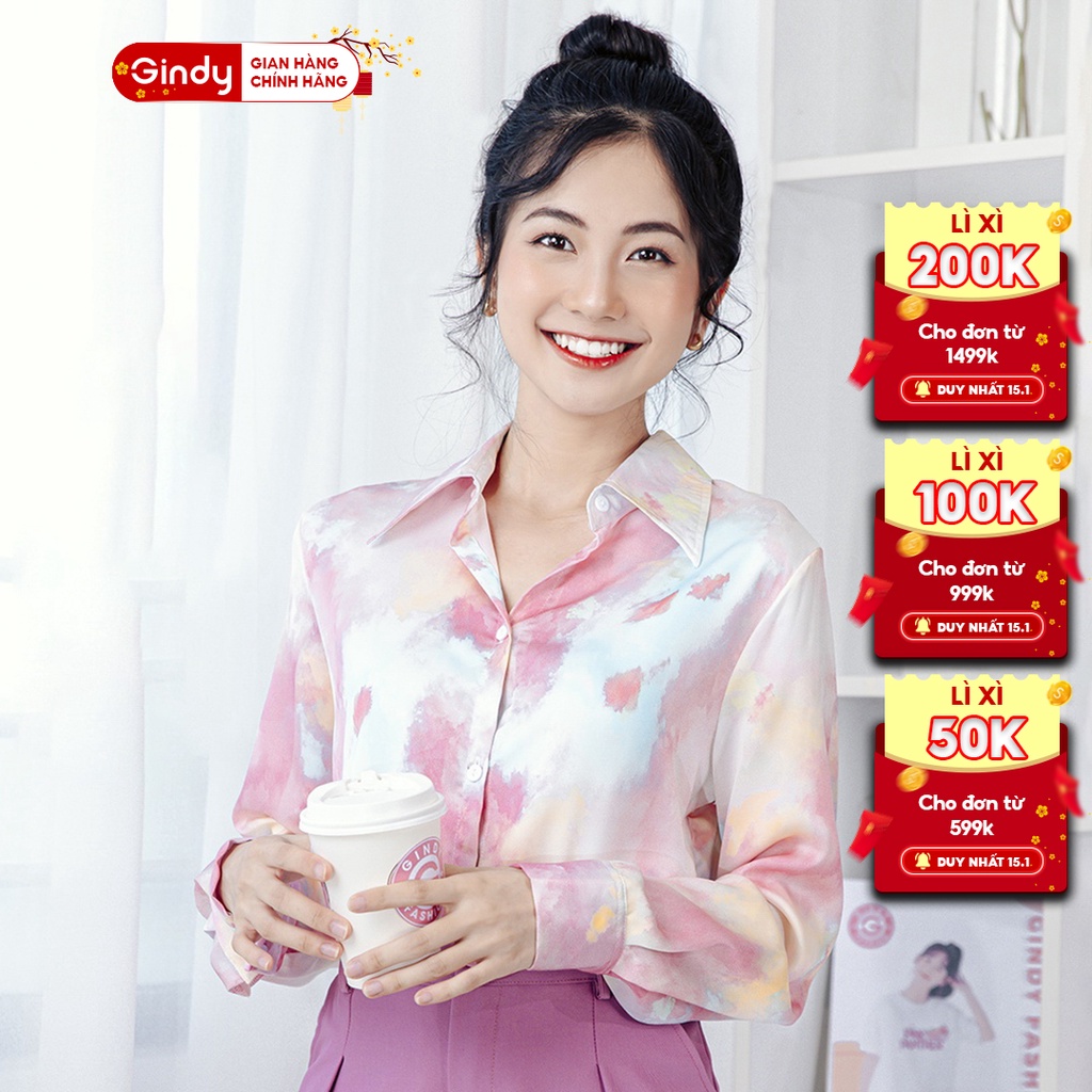Áo sơ mi nữ Hàn Quốc GINDY vải lụa cổ bẻ tay dài dáng suông thời trang xuân hè 2022 công sở, học sinh A4113