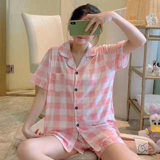 [CÓ SẴN] Đồ ngủ pijama kẻ caro hồng cộc tay dễ thương Hàn Quốc ullzang