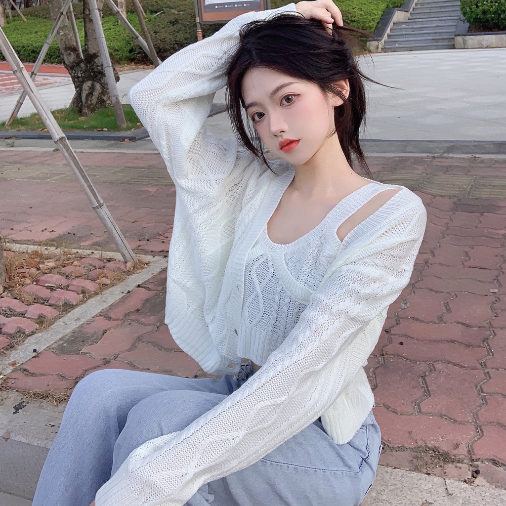 Áo cardigan len mix áo 2 dây B04, sét cardigan và áo dây len hàn siêu xinh.