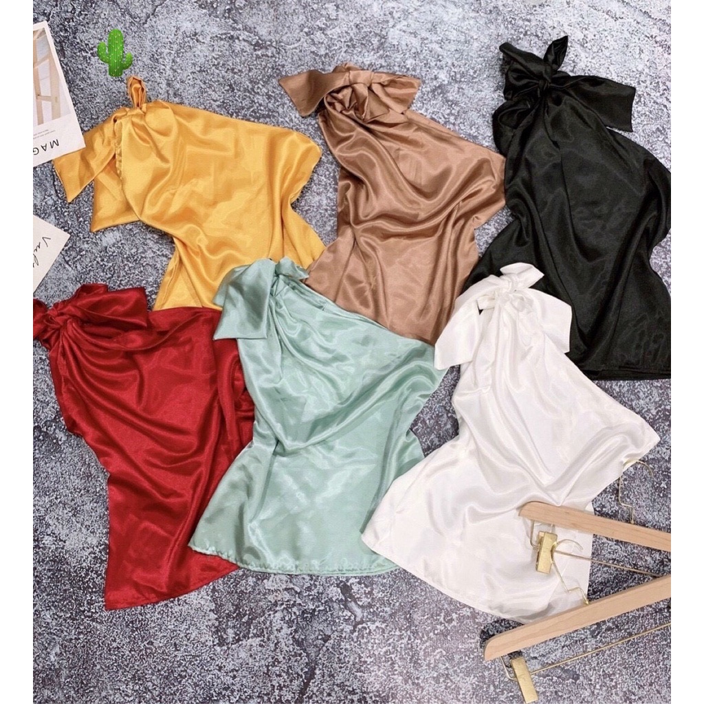 áo phi lụa kiểu lệch vai nơ lớn