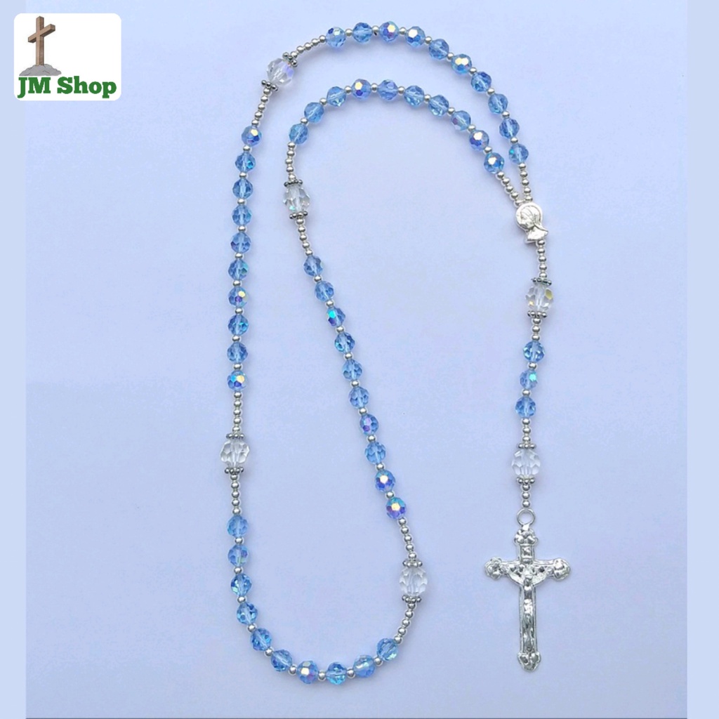 Dây chuyền Chuỗi Mân Côi Pha Lê Swarovski Xanh Dương 6 Li xen hạt Bạc, Đức Mẹ và Thánh Giá Bạc