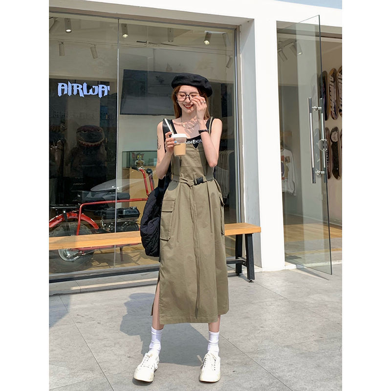 Yunyun Clothing Family ~ New Korean Sleeveless Tooling Sling Dress + Two Piece Solid Color Top in Summer 2021[delivery Within 15 Days ]