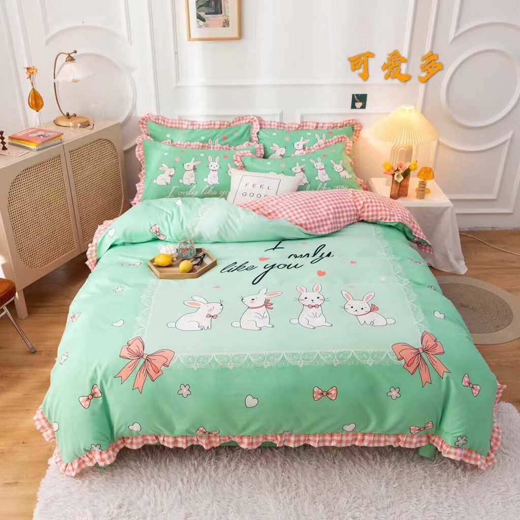 Bộ Chăn Ga Gối Cotton Bèo LIDACO Hoạt Hình 5D - thỏ trắng 12