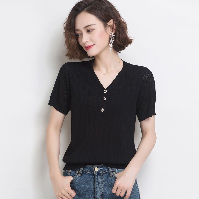 Áo Thun Tay Ngắn Cổ Chữ V Dáng Rộng Màu Sắc Thời Trang Cho Nữ Trung Niên