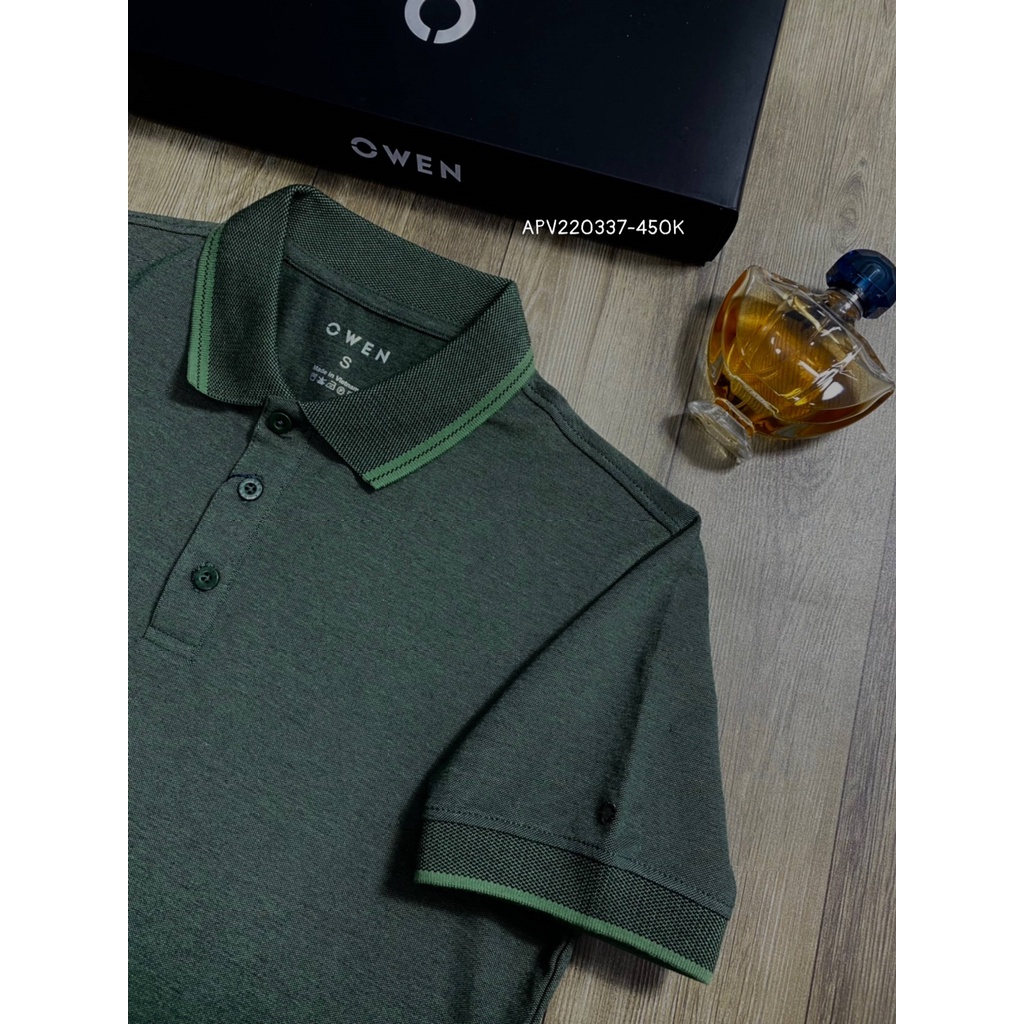Áo thun nam có cổ bẻ polo OWEN APV220337 phông ngắn tay hàng hiệu cao cấp dáng body fit màu xanh lá viền cổ vải cotton