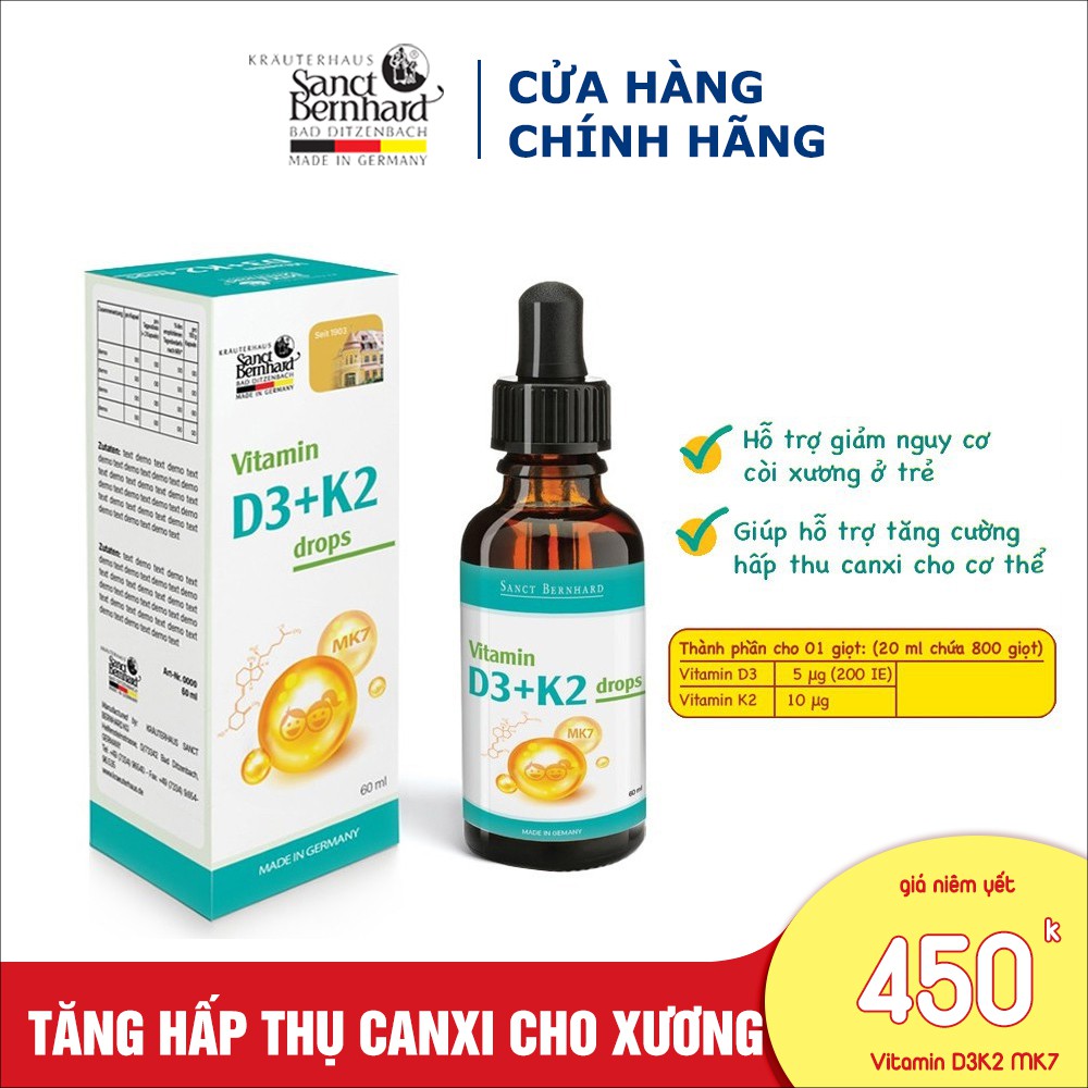 Vitamin D3 K2 MK7 tăng chiều cao cho bé, hấp thu Canxi trong 1 giọt, chống còi xương - Sanct Bernhard Đức