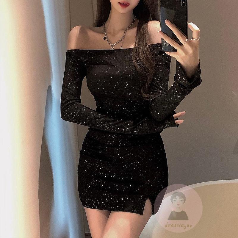 DRE-Women Wrap Slit Dress, Black Off-the-shoulder Long Sleeve Bodycon Dress with Rhinestone, S/ M/ L/ XL/ XXL