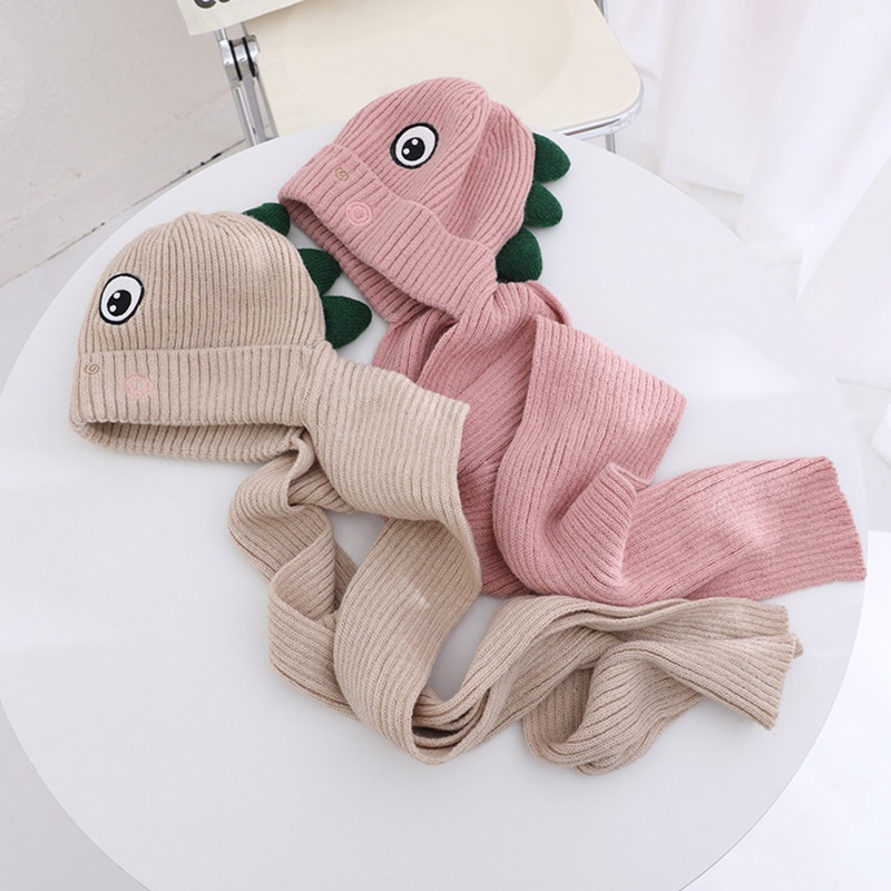 Bộ Mũ Và Khăn Choàng Cổ Dệt Kim In Hoạt Hình Khủng Long Kiểu Vintage Thời Trang Mùa Đông Cho Bé Gái