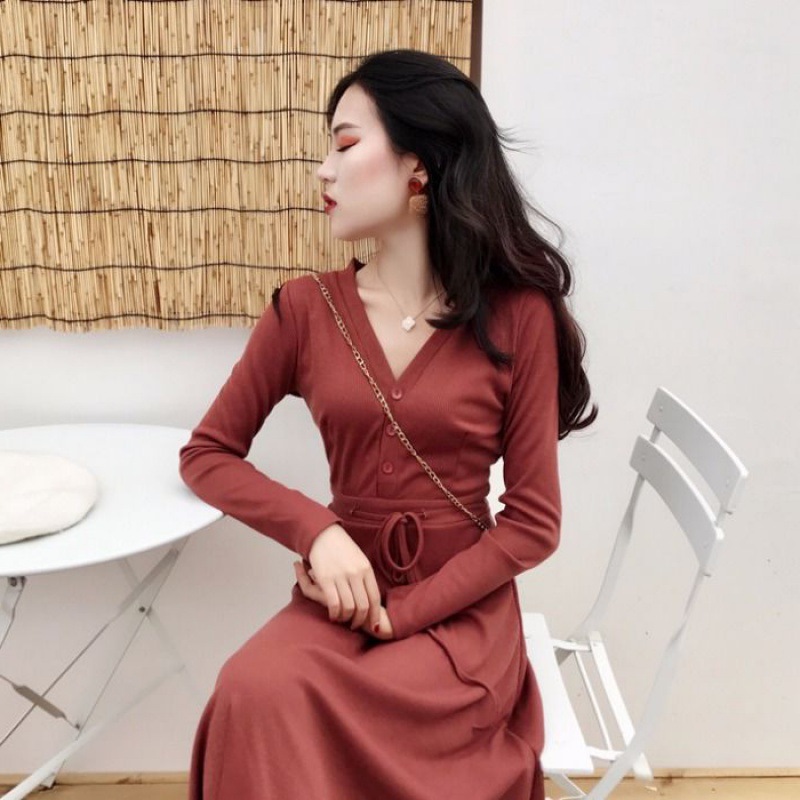 Đầm Nữ Tay Dài Cổ Chữ V Nhấn Eo Phong Cách Hàn Quốc