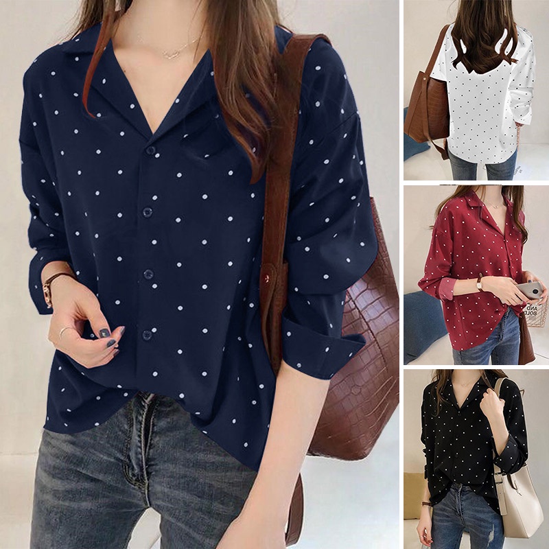 Áo sơ mi Zanzea cổ bẻ in họa tiết chấm bi phong cách Hàn Quốc thời trang cho nữ