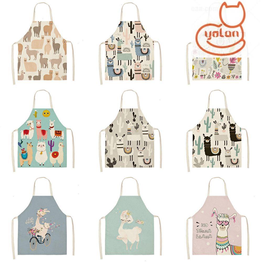 Tạp dề nấu ăn vải lanh không tay chống dầu in hình xương rồng / lạc đà alpaca đáng yêu