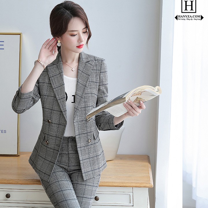 Bộ vest công sở nữ 2 mảnh kẻ caro