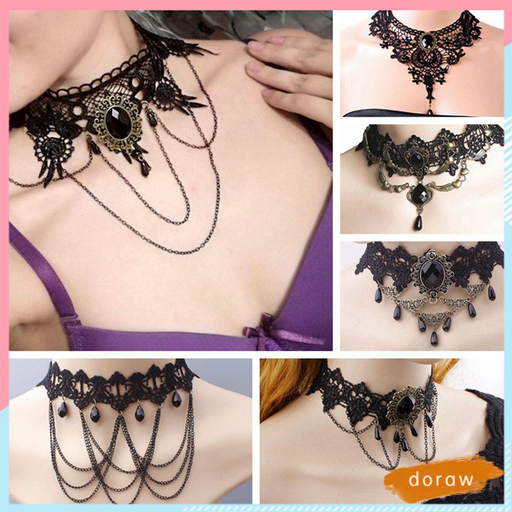Vòng Cổ Choker Phối Ren Màu Đen Đính Hạt Phong Cách Gothic Cổ Điển Quyến Rũ Dành Cho Nữ