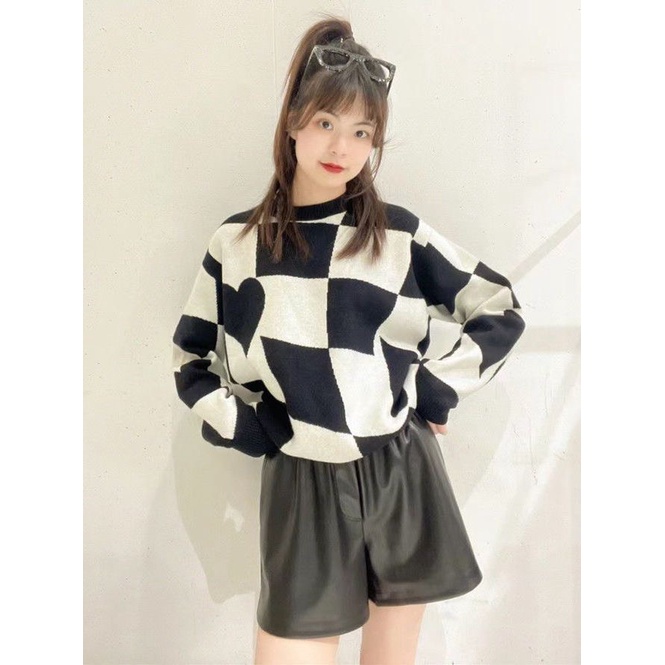 Áo Len Kẻ Ô Trái Tim Cổ Tròn Tay Dài Thời Trang Hàn Quốc | Smide Clothing