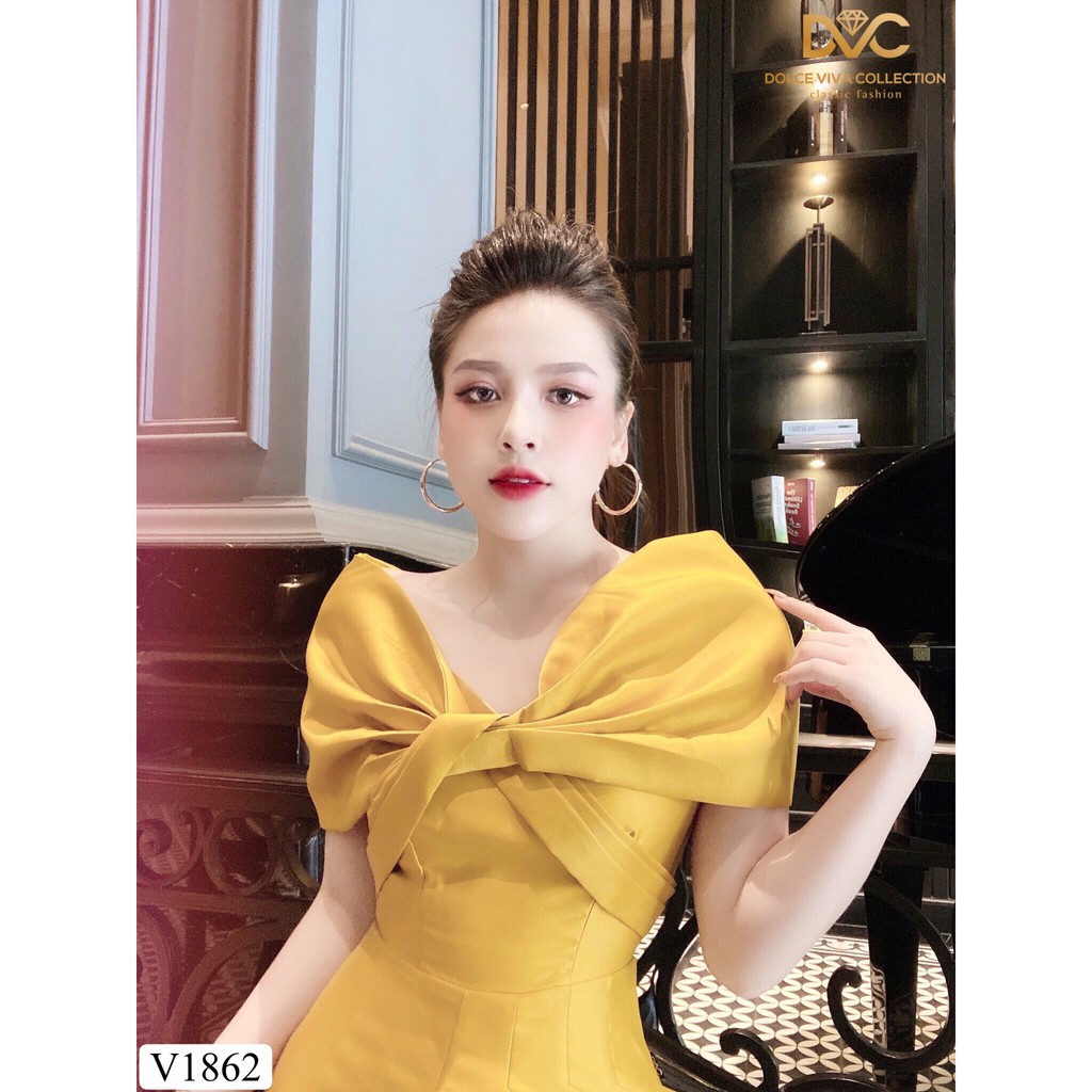 Váy vàng xòe trễ vai xoắn ngực V1862 - Đẹp Shop DVC (Kèm ảnh thật trải sàn do shop tự chụp)