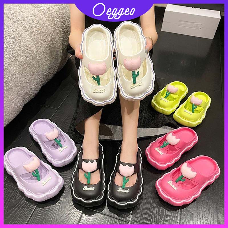 Oeteo Dép Quai Ngang Đế Dày Họa Tiết Hoa Tulip Thời Trang Cho Nữ
