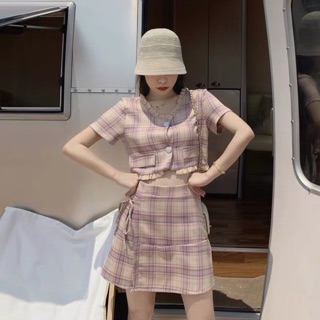 Set caro croptop + Chân váy