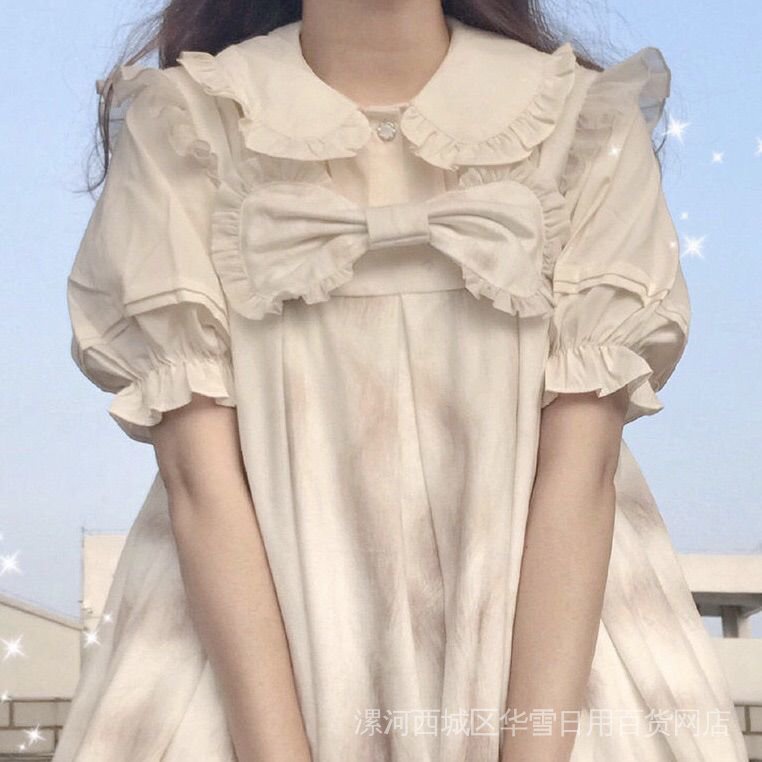 Áo Sơ Mi Chiffon Tay Ngắn Phối Ren Phong Cách Lolita Xinh Xắn Cho Nữ