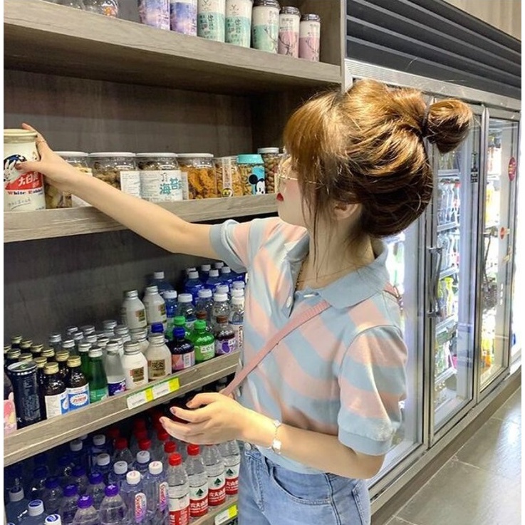 Áo Thun POLO Dệt Kim Tay Ngắn Dáng Rộng Kẻ Sọc Cá Tính