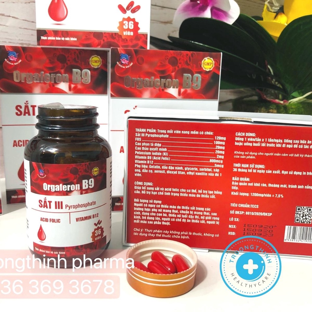 Viên uống bổ sung sắt và Acid folic ORGAFERON B9 _ bổ máu, ngăn ngừa thiếu máu. Hộp 36 viên