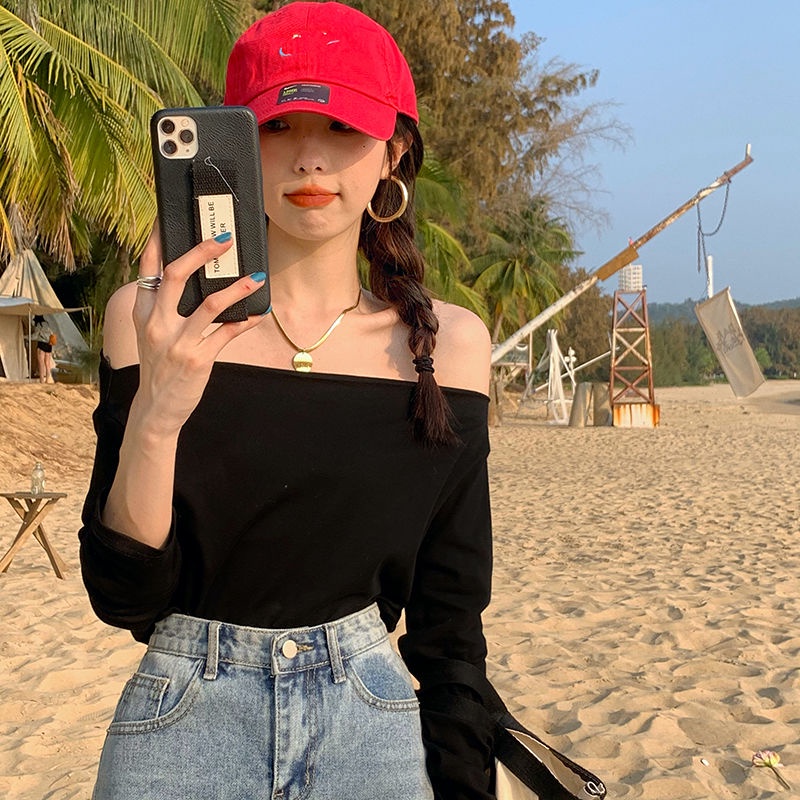 Áo thun COZOK tay dài trễ vai dáng rộng thời trang quyến rũ cho nữ