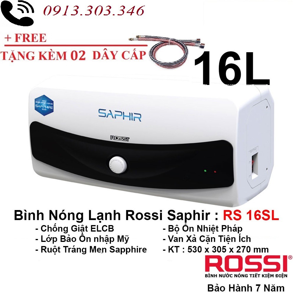 Bình nóng lạnh gián tiếp Rossi Saphir 16 LÍT NGANG, chính hãng, bảo hành 7 năm toàn quốc, tân á đại thành online