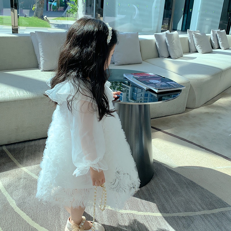 V102 - Váy voan trắng hoa nổi sz 90-140, váy điệu đà cho bé thu đông 2022