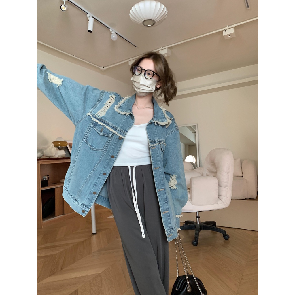 【ZHELIHANGFEI】Áo Khoác Denim Dáng Rộng Phối Tua Rua Kiểu Vintage Cá Tính