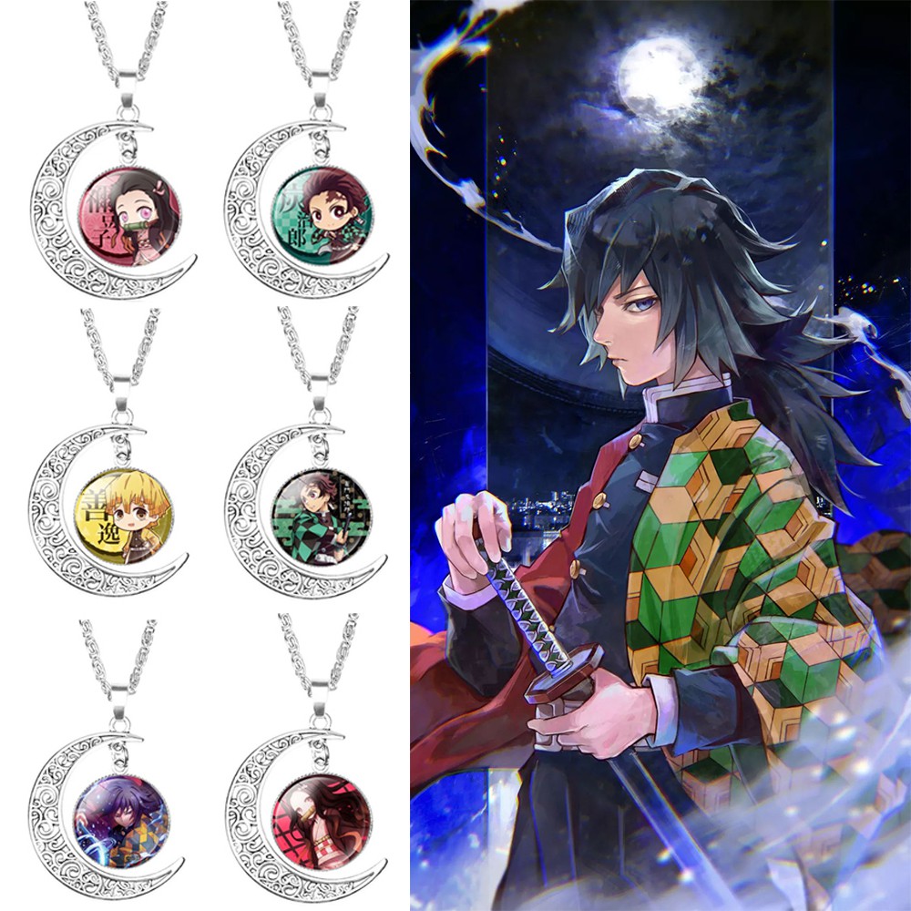 ALLGOODS Unisex Pendant Necklace Women Cosplay Necklace Anime Demon Slayer Necklace Kamado Tanjirou Moon Glass Men Kimetsu no Yaiba Time|Glass Jewelry