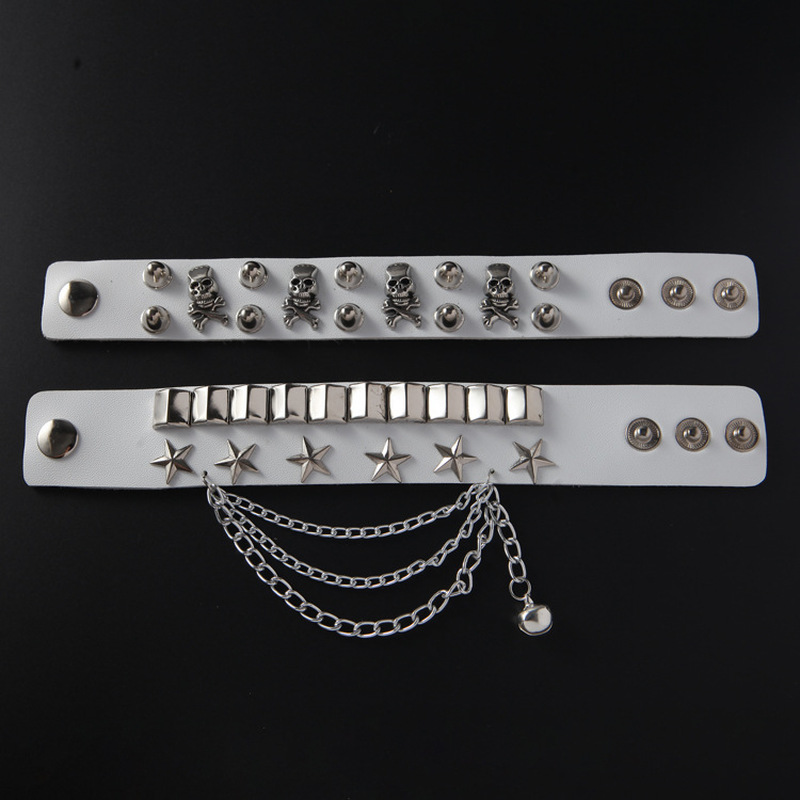 Vòng đeo tay da PU đính đinh tán phối dây xích nhiều lớp phong cách hip hop thời trang cho nam