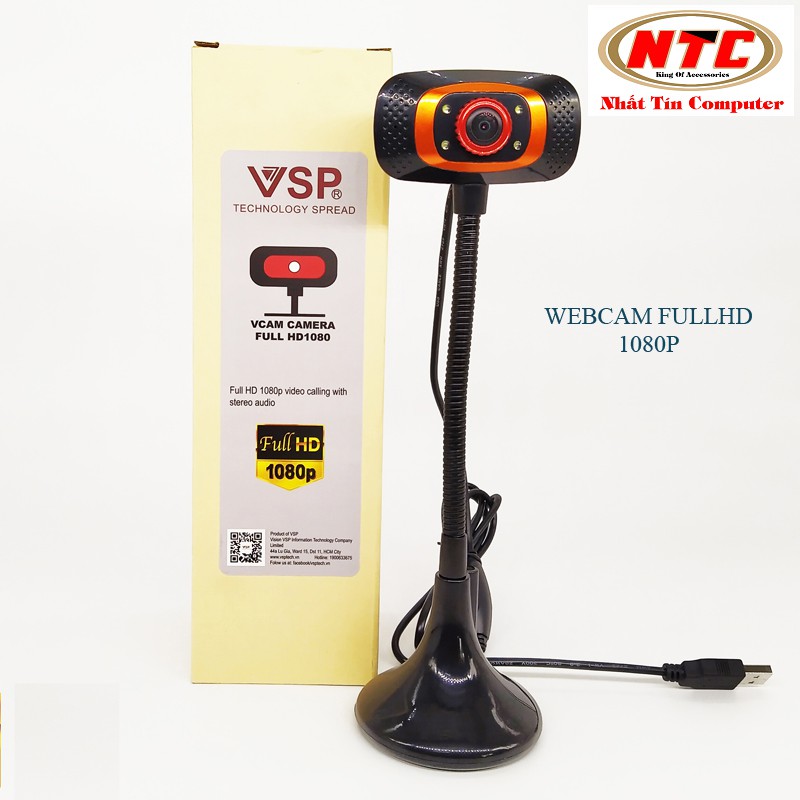 Webcam VSP VCAM FullHD 1080P cực nét - tích hợp 4 đèn led trợ sáng (nhiều màu)