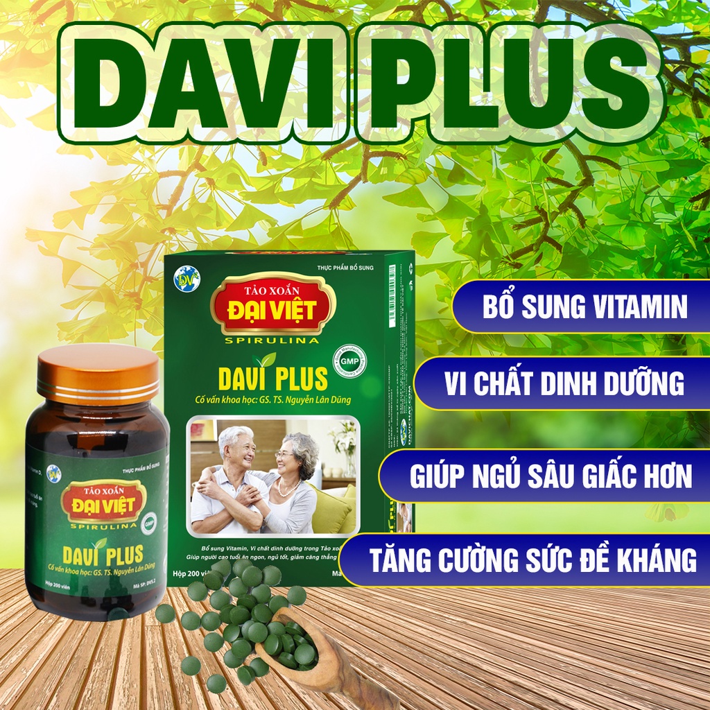 Tảo xoắn Davi Plus - Viên Tảo xoắn Đại Việt - Sản phẩm Giúp ăn ngon, ngủ sâu giấc hơn ở người cao tuổi (200v)