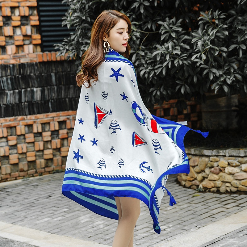 Khăn choàng đi biển xanh hoạ tiết biển, khăn boho choàng chống nắng đi biển