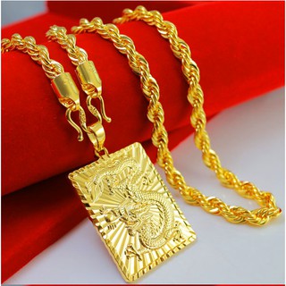 Bộ vòng cổ mạ vàng 24k - Dây chuyền mạ vàng soắn - Kèm mặt Rồng Vuông Bản to trang sức phong thủy, may mắn, tài lộc