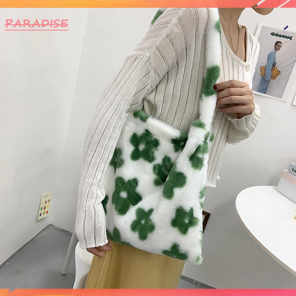 Túi tote đeo vai cỡ lớn in hoa phối lông thời trang mùa đông cho nữ