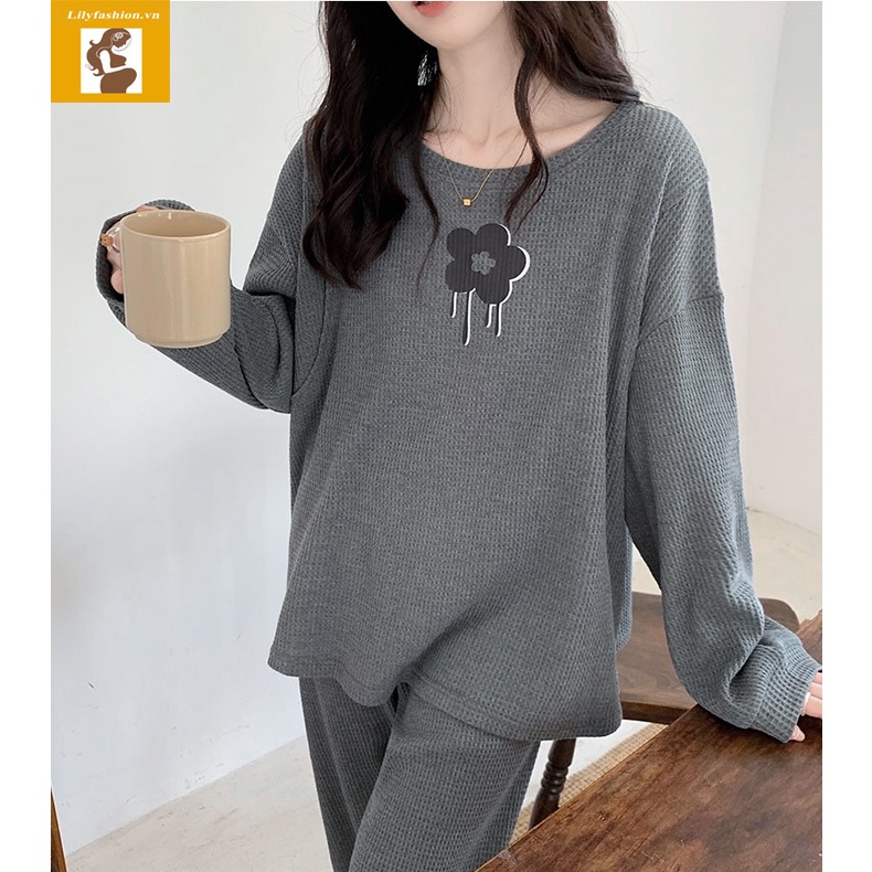 Đồ bộ bầu và sau sinh cho con bú thu đông họa tiết bông hoa quần có chun cúc điều chỉnh tiện lợi, chất cotton cao cấp