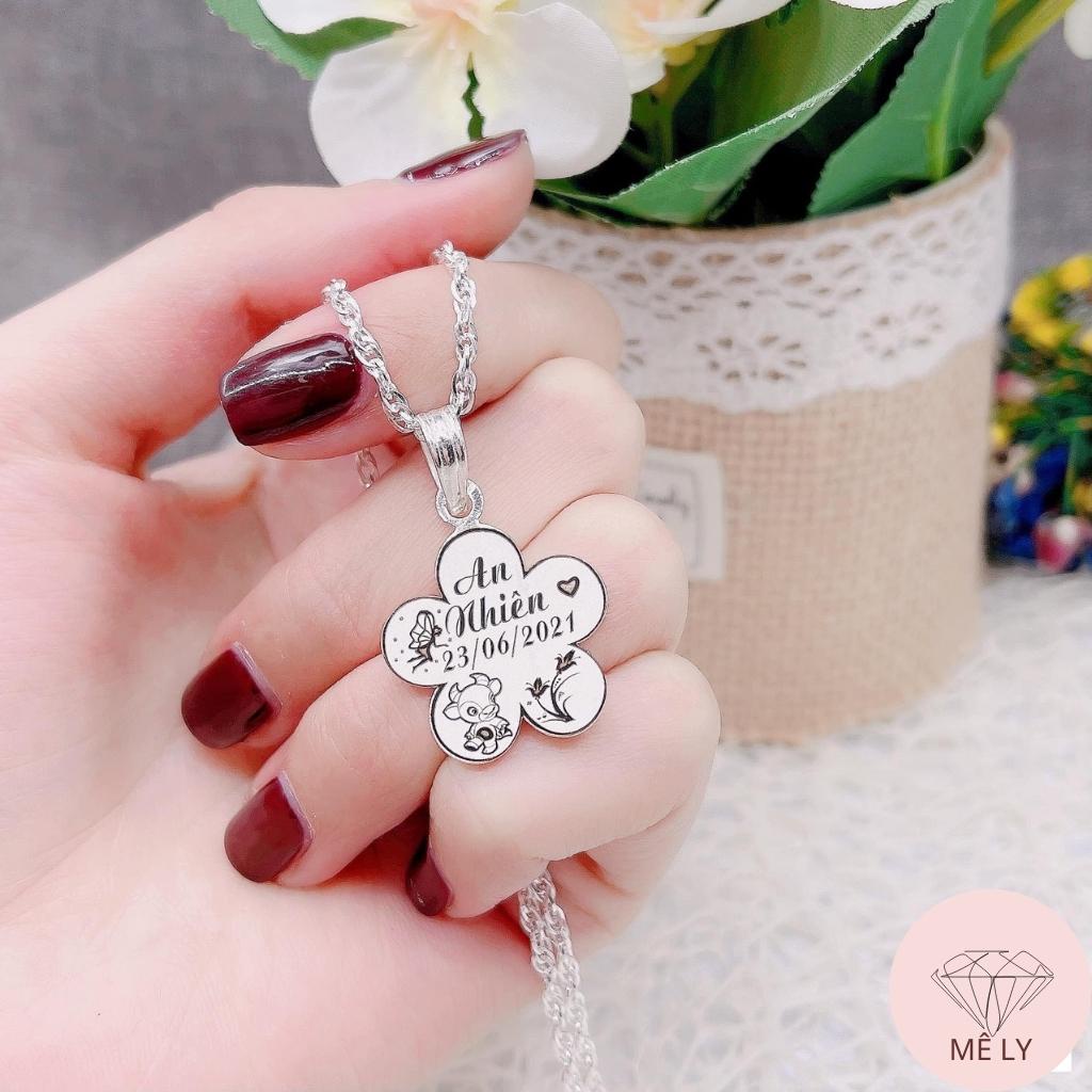 Dây chuyền bạc cho bé, khắc tên theo yêu cầu, hình hoa cực yêu, Tiệm bạc Mê Ly