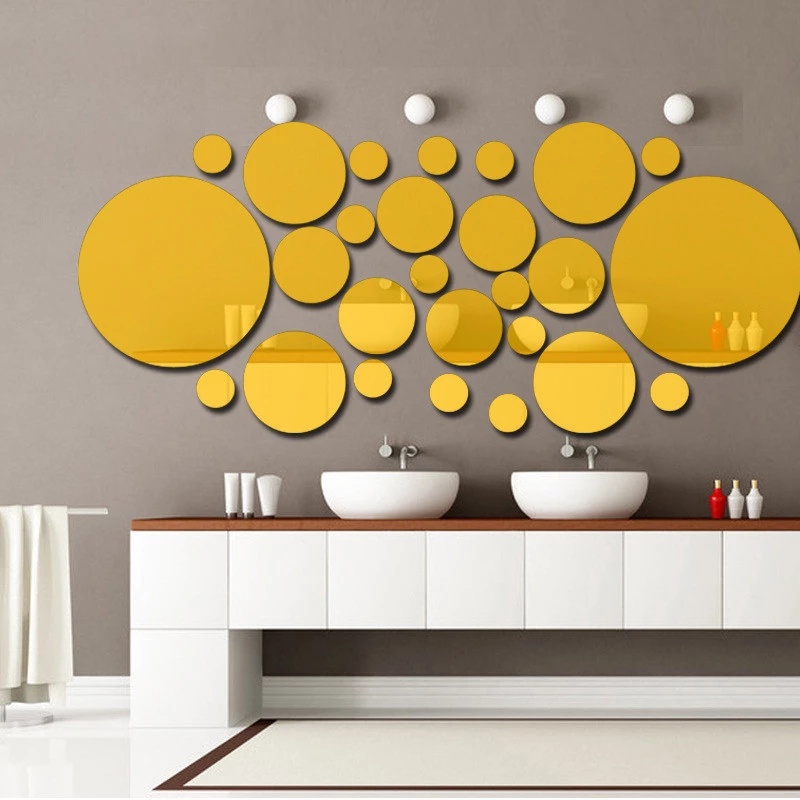 Set 28 miếng dán tường 3D tráng gương hình tròn tùy chọn màu sắc DIY