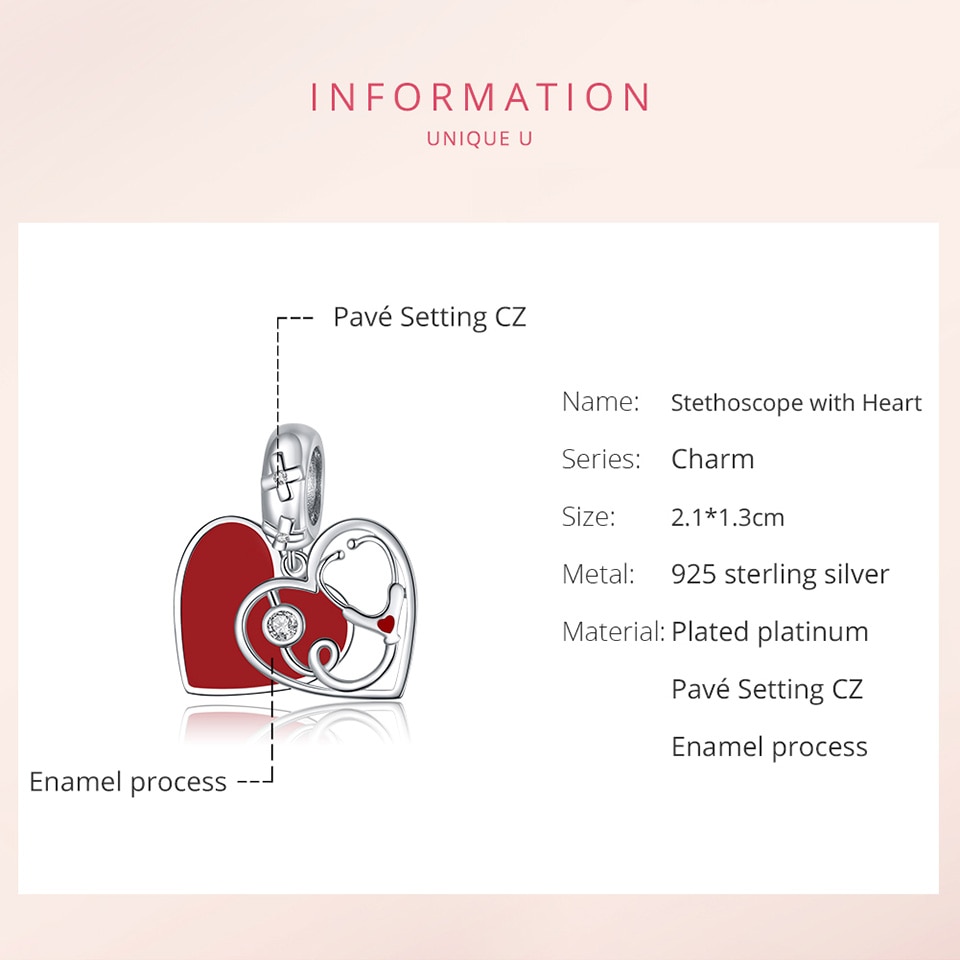 Hạt Charm Bamoer BSC308 Mặt Hình Ống Nghe Bác Sĩ Và Trái Tim Bằng Bạc Sterling 925 Thật Trang Trí Dây Chuyền Bạc